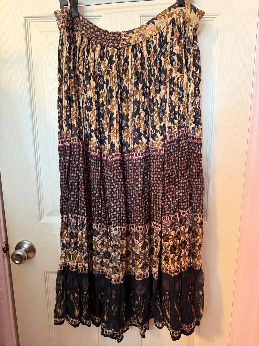 Boho Tiered Maxi Skirt in Navy, Brown and Pink